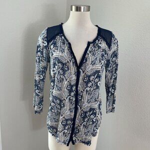 Lucky Brand Womens Medium Sheer Paisley Top 3/4 Sleeve Boho Shirt Blouse